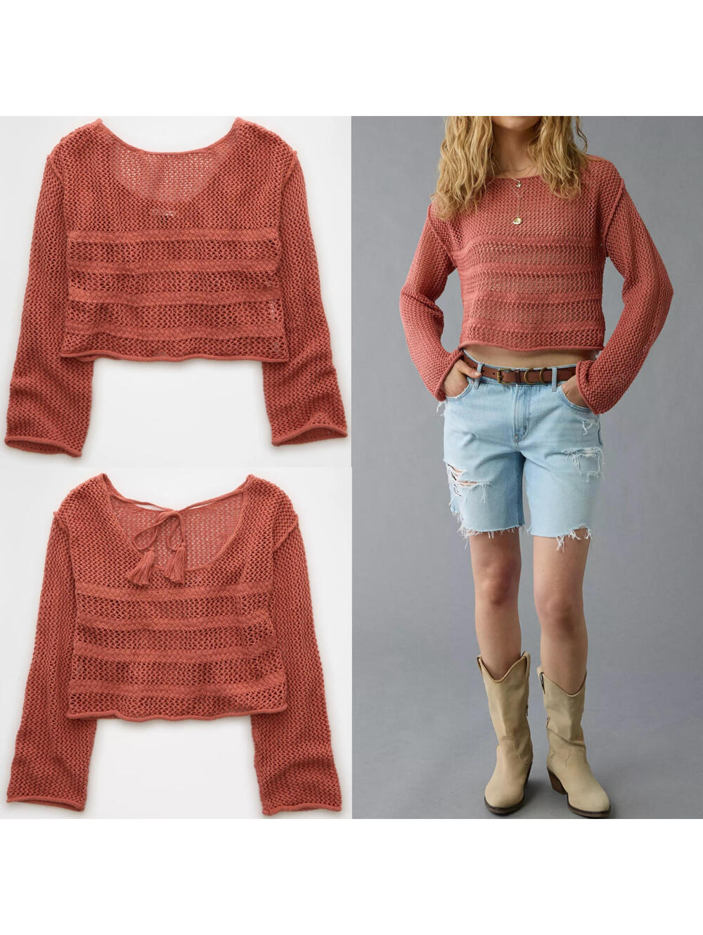 AE Off The Shoulder Crochet Sweater American Eagle Compass Clay NWT Medium